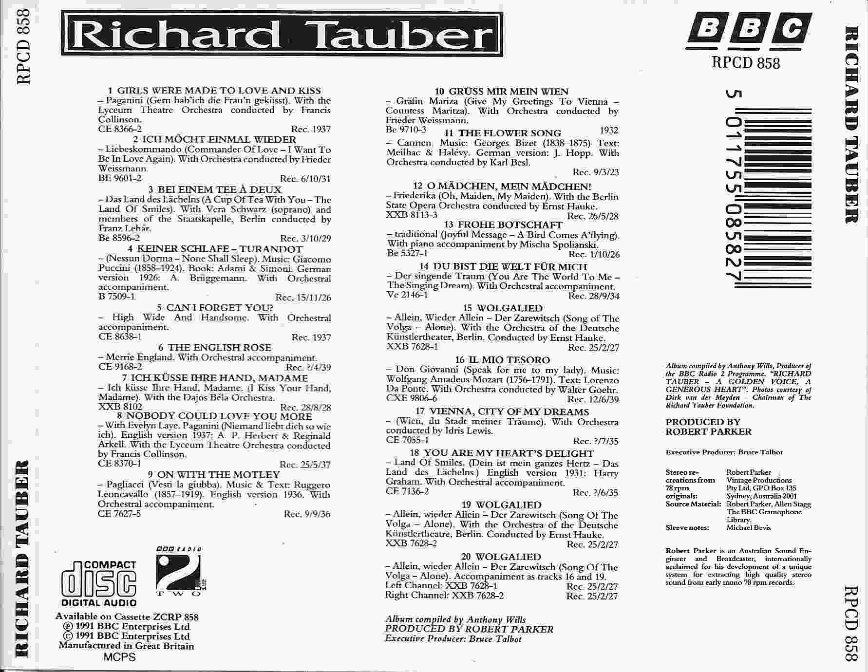 Picture of RPCD 858 Richard Tauber  A selection of his greatest recordings by artist Richard Tauber from the BBC records and Tapes library